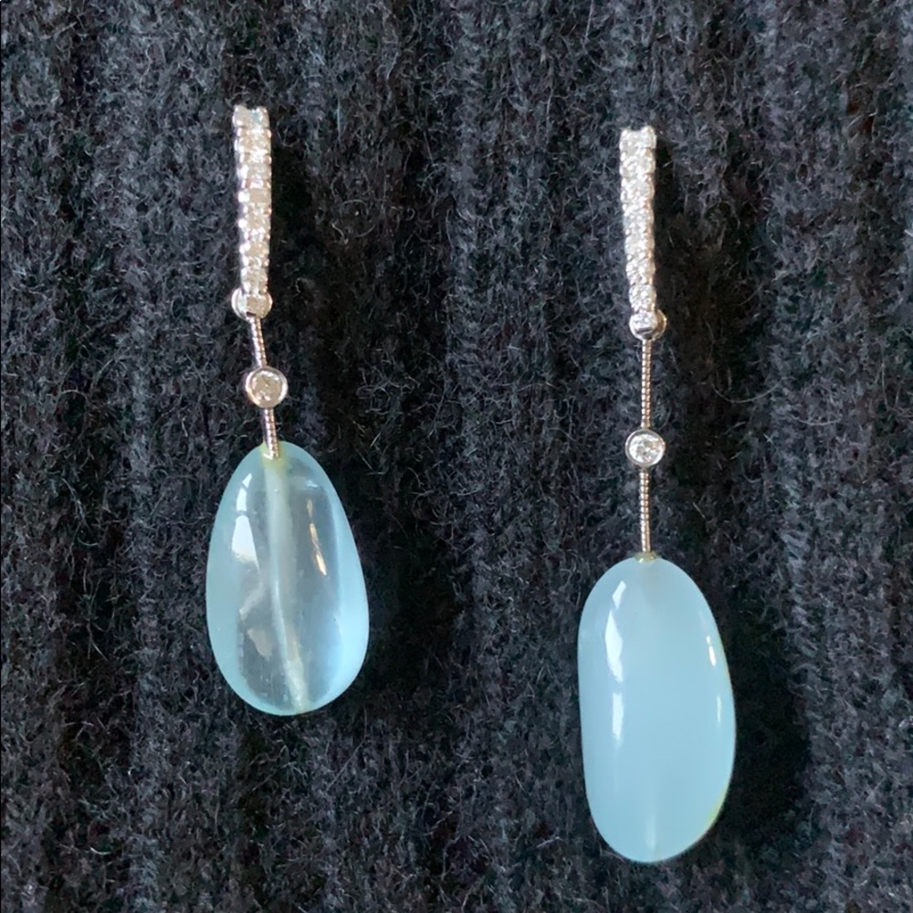 14k asymmetric diamond/aquamarine drop earrings